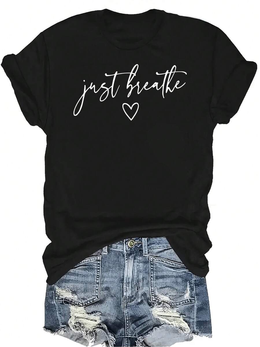 Camiseta de yoga "Just Breathe" para mujer y unisex, de verano, casual, transpirable, con personalidad, cuello redondo, manga corta, ropa de calle, versátil, adecuada para adolescentes y adultos - Negro - Ver 1