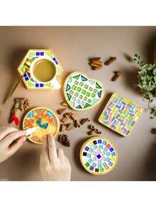 木制圆形杯垫、马赛克杯垫 - 圆形和方形杯垫、手工马赛克工艺品 DIY 套装、实惠的 DIY 木工礼品、自制父亲节礼物、工艺品、工艺套件、儿童工艺品、工艺用品>DIY 工艺品、DIY 套装、木制工艺套件
