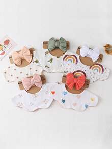 Baby Nylon Bow Knitted Headband, Floral Crinkle Fabric 360° Fake Collar, Cloud Drool Bib, Cute Infant Feeding Bibs Set - Multicolor - View 5