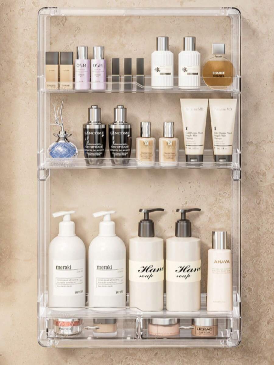 1pc Wall Mounted Bathroom Shelf, Toilet Vanity Organizer Rack, Drill-Free Storage Holder - Clear - View 1