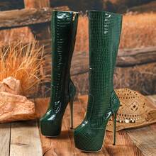 2025 European Style Crocodile Pattern Fashion Tall Boots, 17cm Fashionable Zipper Boots, Leg-Flattering