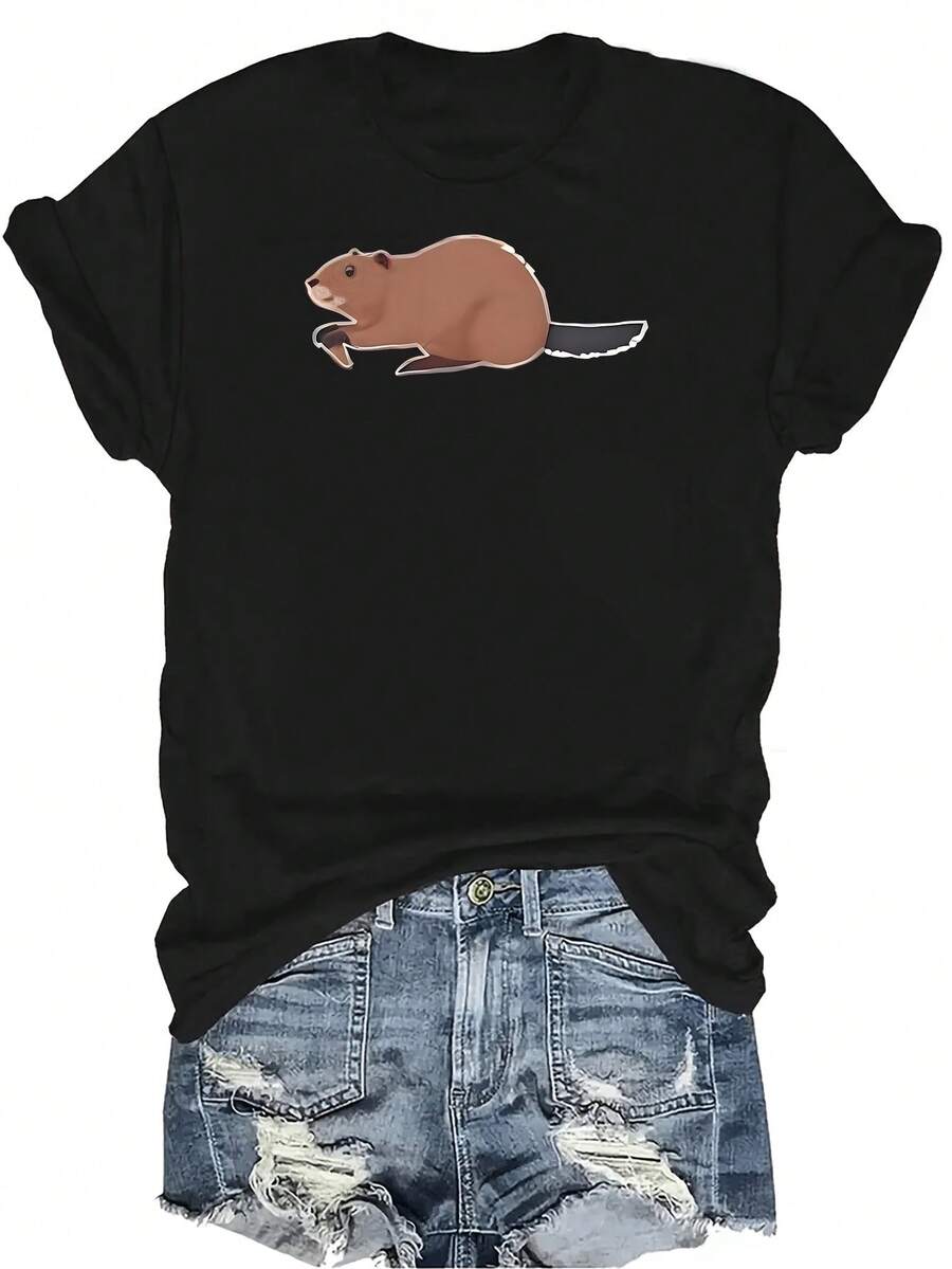 Camiseta de castor para mujer y unisex, de verano, casual, transpirable, con cuello redondo, manga corta, estilo urbano y versátil, adecuada para adolescentes y adultos - Negro - Ver 1