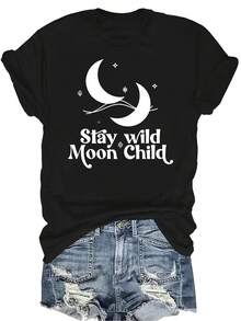 Camiseta "Stay Wild Moon Child" para mujer y unisex, de verano, casual, transpirable, con personalidad, cuello redondo, manga corta, ropa de calle, versátil, adecuada para adolescentes y adultos - Negro - Ver 1
