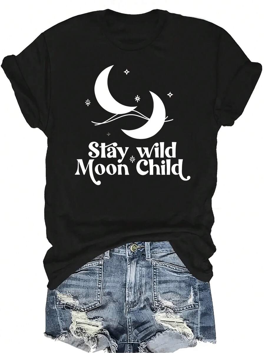 Camiseta "Stay Wild Moon Child" para mujer y unisex, de verano, casual, transpirable, con personalidad, cuello redondo, manga corta, ropa de calle, versátil, adecuada para adolescentes y adultos - Negro - Ver 1