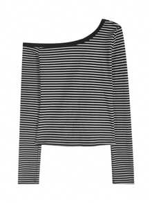 Women Slim Fit Casual Striped Oblique Shoulder Long Sleeve Layering T-Shirt, Minimalist Spring/Autumn Top