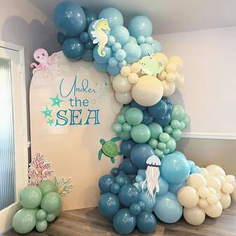 145pcs Mist Blue & Green Balloon Arch & Garland Set, With Light Blue & Ivory Balloons, Suitable For Underwater Party, Baby Shower, Bridal Shower, Birthday, Wedding Backdrop, Gender Reveal Party