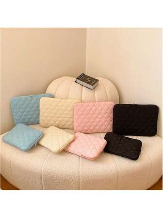 1pc Minimalist Solid Color Rhombus Quilted Laptop Sleeve Bag, Fits 11"/14" Laptop