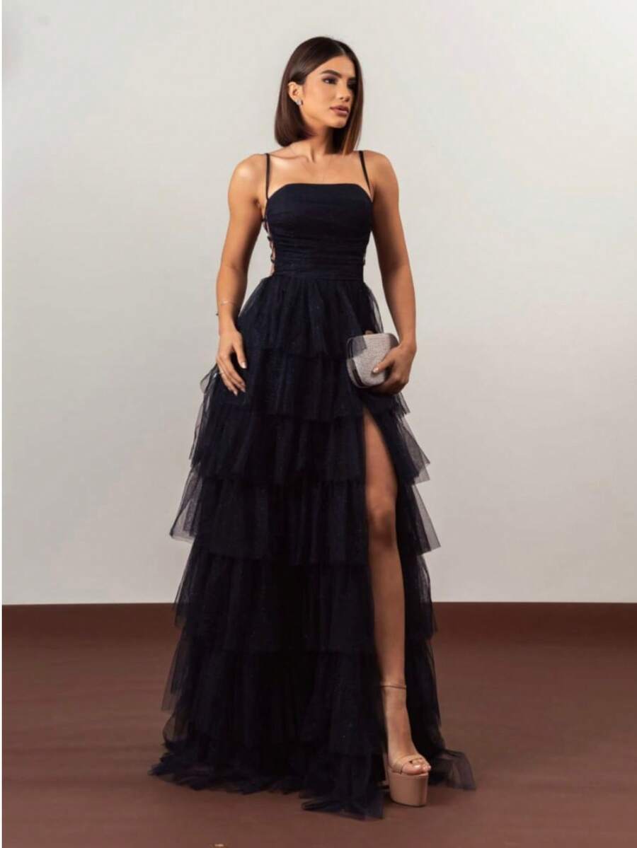 Tiered Prom Dress For Graduation And Bridesmaids. Elegant Conservative/Modest Sexy Casual Shiny Zipper Appliques Wedding Party Birthday Party Anniversary Party Graduation Party - 藏蓝色 - 查看 1