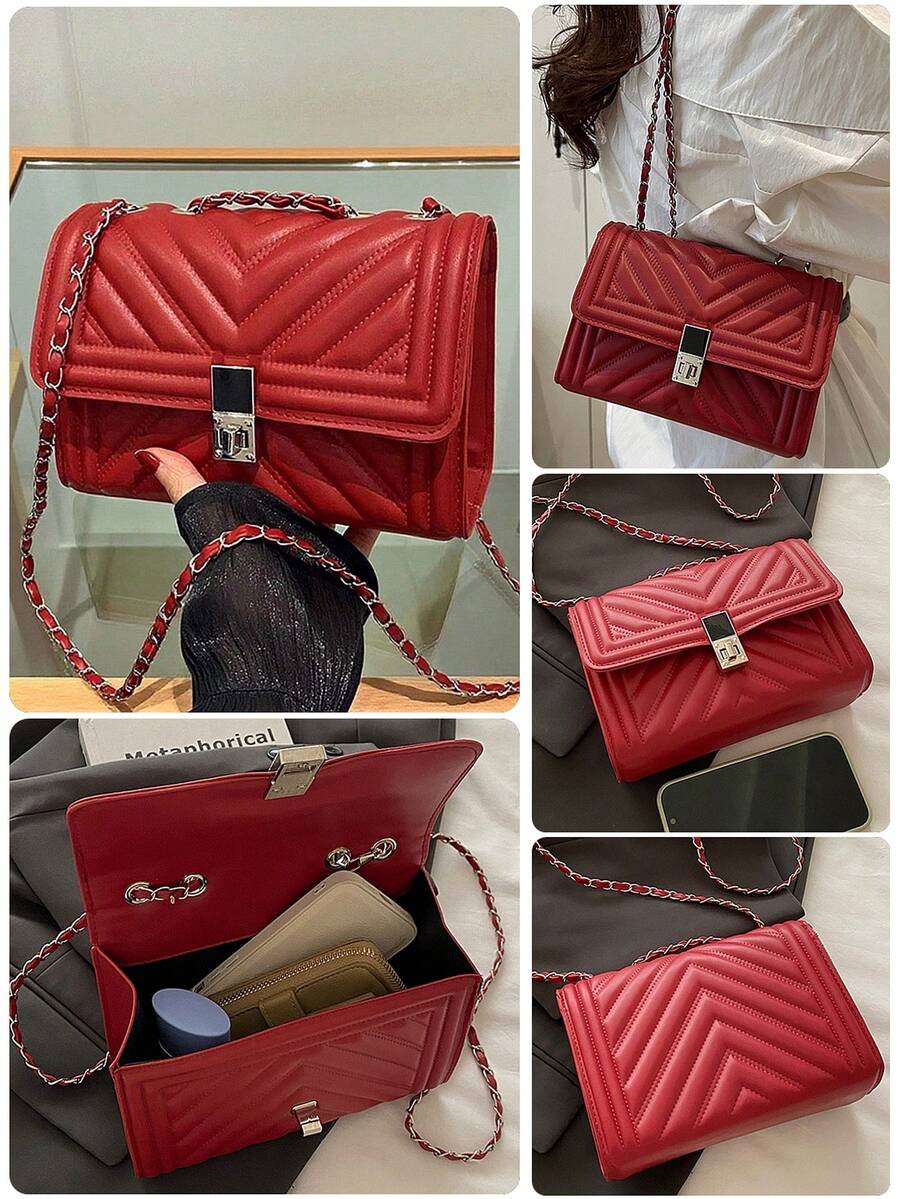 Fashion Solid Color Quilted Square Chain Shoulder Bag, Multifunctional Evening Clutch, Lightweight New Handbag & Wallet, Suitable For Daily Commute Crossbody, Ideal Choice For Office Workers, Casual Coin Purse - Red - View 1