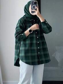 Women Modest Long Sleeve Plaid Shirt Collar Button Front Regular Top In Woven Fabric