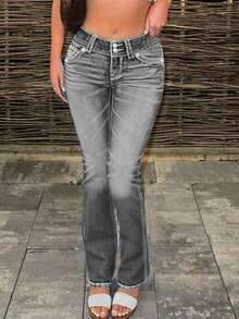 Women's Low-Rise Flared Jeans Stretch Trousers Double-Button Fly Butt-Lifting Pockets Sexy Y2K Retro Style Date Outfit - Grey - View 2
