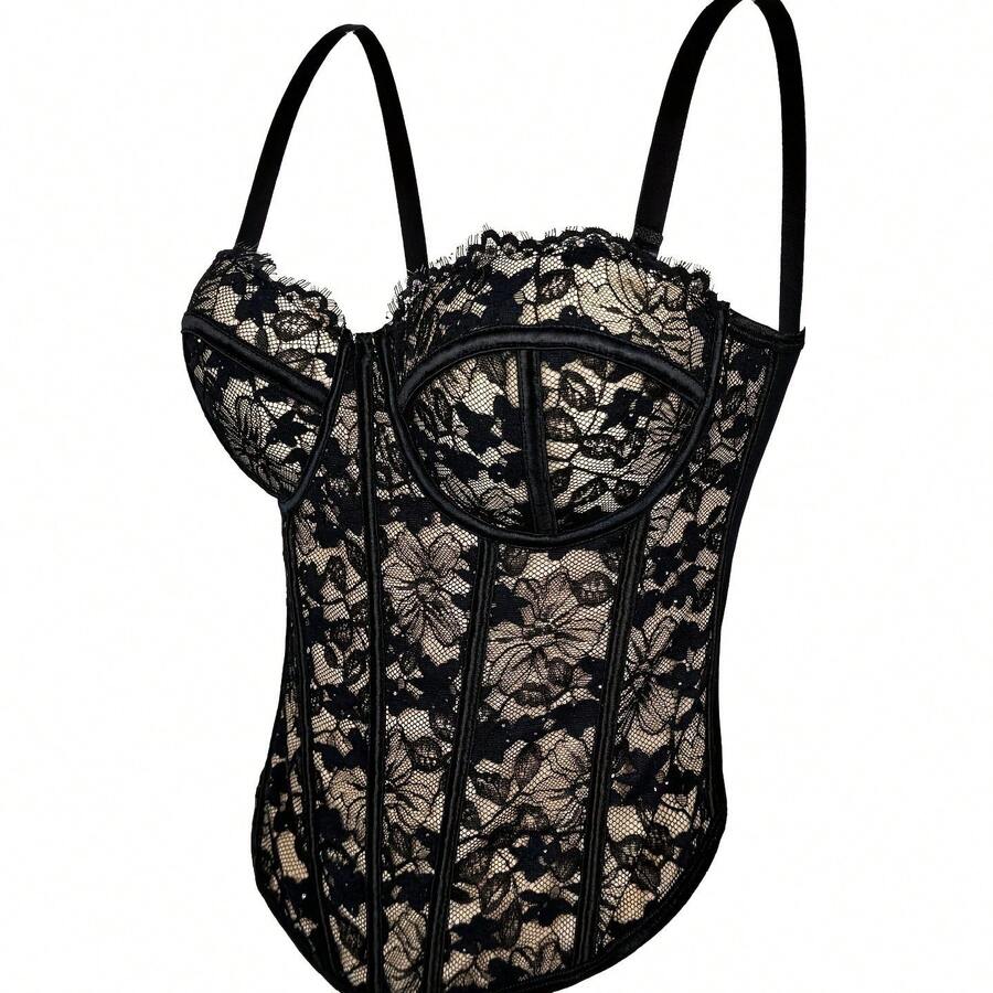 #9211 Lace French-Style Design Suspender Vest, Elegant Niche Body Shaping Underwear, Women Wear Fish Bone Tops, Women's Group Tight-Fitting Breasts, Women's Clothing - 黑色 - 查看 1