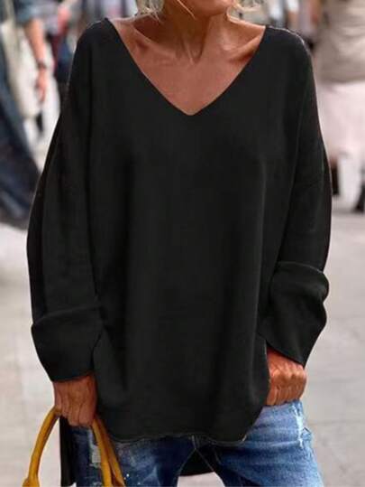 1 pièce Pull femme à épaules tombantes, col V, ourlet asymétrique fendu, couleur unie, manches longues, pour le printemps/l'automne/l'hiver