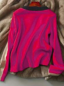 Women's Elegant Warm Knit Pullover Top, Versatile Color Block Long Sleeve, Suitable For Spring, Autumn, Winter - Hot Pink - View 2