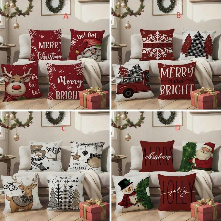 4pcs Christmas Theme Pillow Covers, Single-Sided Linen Pillow Shams, 45*45cm/18*18 Inches, 3 Size Options, Suitable For Living Room, Bedroom, Dining Room, Outdoor Sofa, Bed Decor, Creating A Festive Christmas Atmosphere. Home Decor Christmas Decorations Room Decor Pillow Case Pillow Cases Cushion Cover Cushion Covers