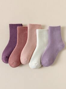 5 Pairs Girls' Wool Blend Mid-Calf Socks, Solid Colors Pink, Purple, White, Soft & Warm, Thick, Minimalist Design, Cute & Fashionable, Versatile, Suitable For Autumn/Winter
