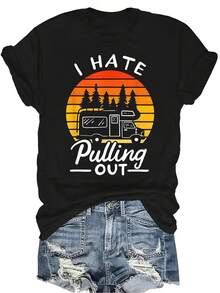 Camiseta de mujer y unisex de estilo retro y vintage con el texto "Odio sacar" y diseño de montañas y autocaravana, de manga corta, cuello redondo, transpirable y de uso casual, adecuada para adolescentes y adultos - Negro - Ver 1