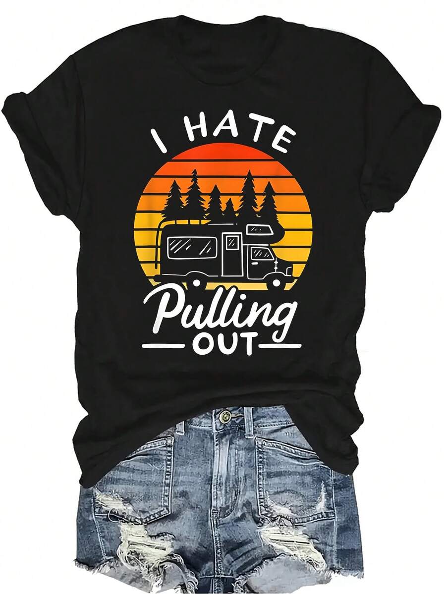 Camiseta de mujer y unisex de estilo retro y vintage con el texto "Odio sacar" y diseño de montañas y autocaravana, de manga corta, cuello redondo, transpirable y de uso casual, adecuada para adolescentes y adultos - Negro - Ver 1