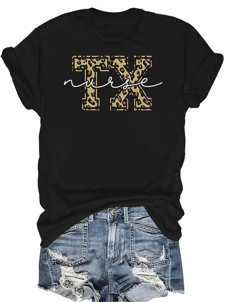 Camiseta de mujer con estampado de leopardo "Texas TX Nurse", unisex, de verano, casual, transpirable, de personalidad, de cuello redondo, de manga corta, ropa de calle, versátil, adecuada para adolescentes y adultos - Negro - Ver 1