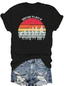 Camiseta con patrones interesantes para mujer y unisex, de verano, casual, transpirable, con personalidad, cuello redondo, manga corta, ropa de calle, versátil, adecuada para adolescentes y adultos - Negro - Ver 1