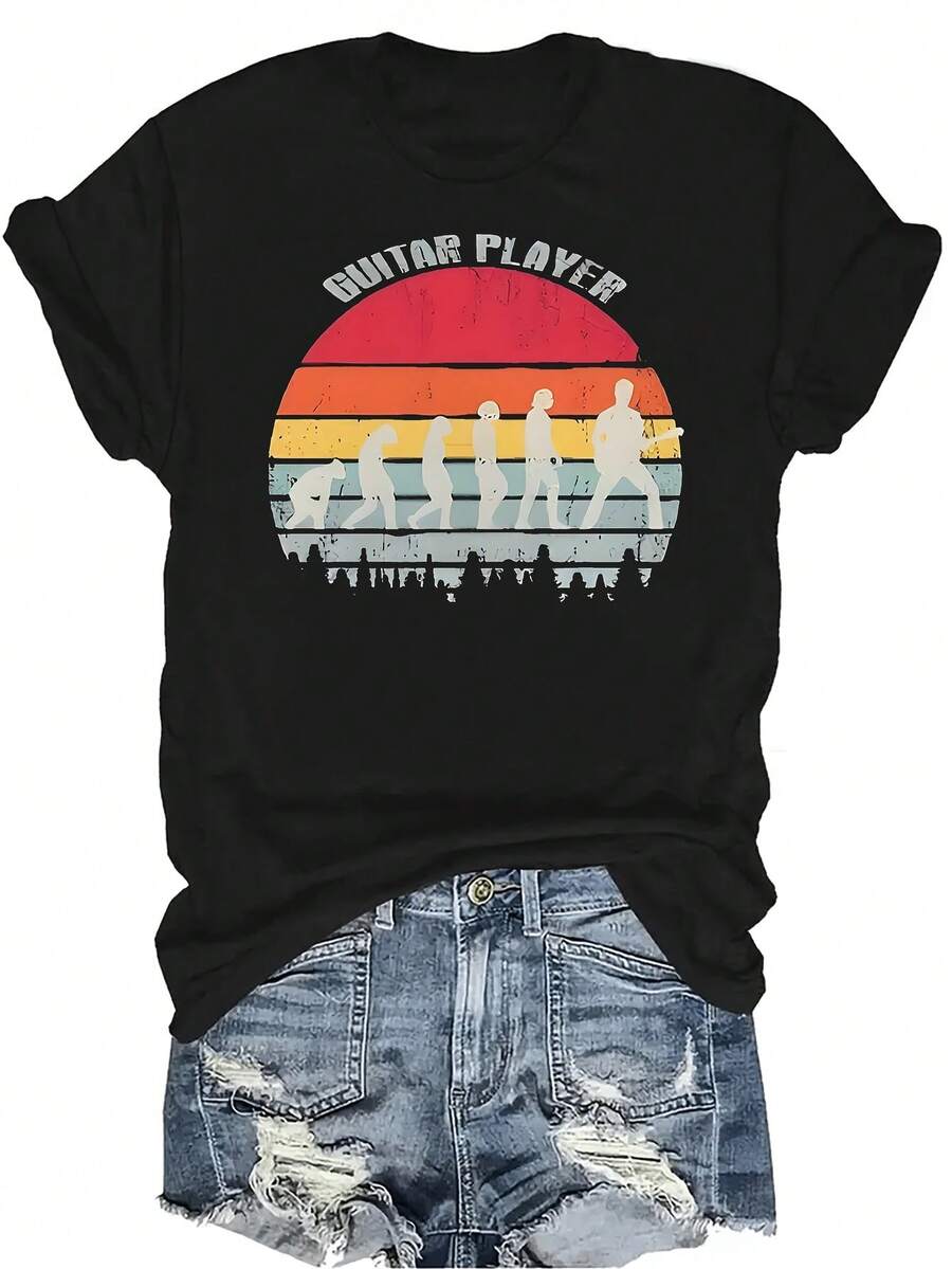 Camiseta con patrones interesantes para mujer y unisex, de verano, casual, transpirable, con personalidad, cuello redondo, manga corta, ropa de calle, versátil, adecuada para adolescentes y adultos - Negro - Ver 1