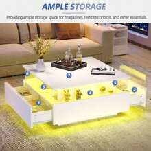 Coffee Table With Storage Living Room, Modern LED Coffee Table, Square Tea Table With 2 Sliding Drawers Wood Center Table Acrylic Glass Coffee Table, White - White + Particle Board - View 4