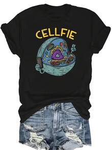 Camiseta con patrones interesantes para mujer y unisex, de verano, casual, transpirable, con cuello redondo, manga corta, estilo urbano y versátil, adecuada para adolescentes y adultos - Negro - Ver 1