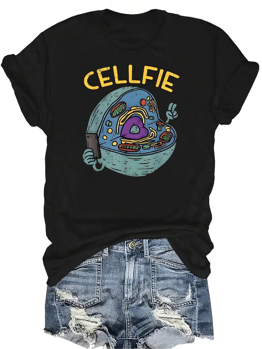 Camiseta con patrones interesantes para mujer y unisex, de verano, casual, transpirable, con cuello redondo, manga corta, estilo urbano y versátil, adecuada para adolescentes y adultos - Negro - Ver 1