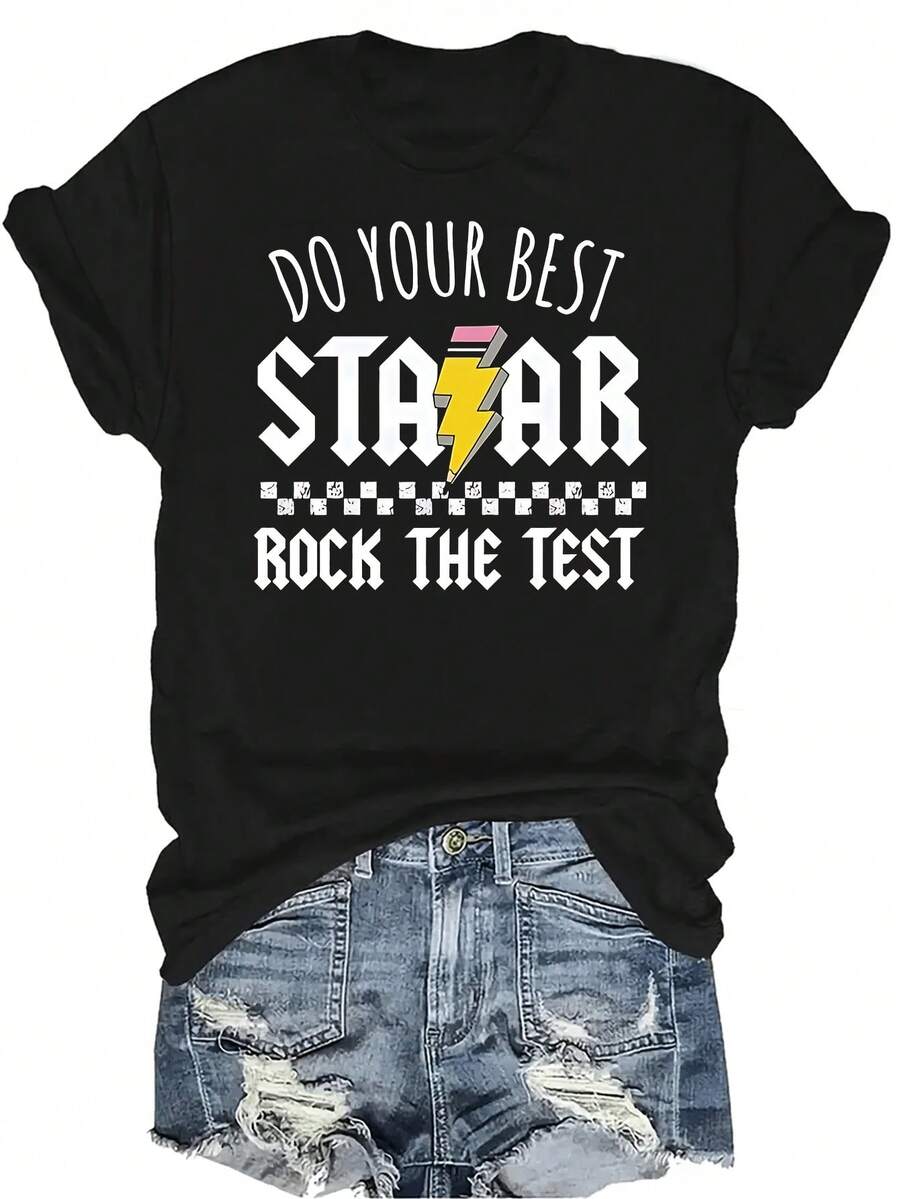 Camiseta para el examen STAAR Mujer Unisex Verano Casual Transpirable Personalidad Cuello Redondo Manga Corta Camiseta Ropa de Calle Versátil, Adecuada para Adolescentes y Adultos - Negro - Ver 1
