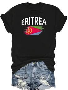 Camiseta con patrones interesantes para mujer y unisex, de verano, casual, transpirable, con cuello redondo, manga corta, estilo urbano y versátil, adecuada para adolescentes y adultos - Negro - Ver 1