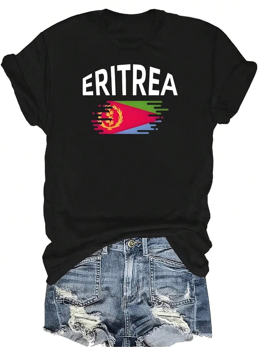 Camiseta con patrones interesantes para mujer y unisex, de verano, casual, transpirable, con cuello redondo, manga corta, estilo urbano y versátil, adecuada para adolescentes y adultos - Negro - Ver 1