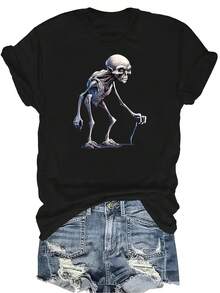 Camiseta con patrones interesantes para mujer y unisex, de verano, casual, transpirable, con cuello redondo, manga corta, estilo urbano y versátil, adecuada para adolescentes y adultos - Negro - Ver 1