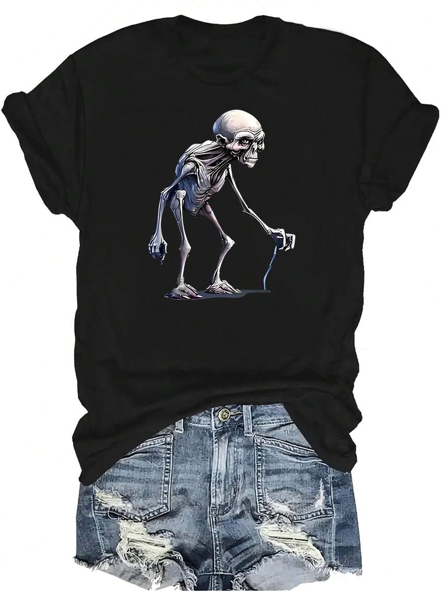 Camiseta con patrones interesantes para mujer y unisex, de verano, casual, transpirable, con cuello redondo, manga corta, estilo urbano y versátil, adecuada para adolescentes y adultos - Negro - Ver 1
