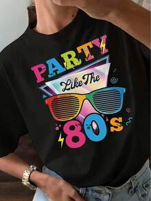 加大码女式80年代复古印花夏季圆领短袖T恤，情人节黑色 - 黑色 - 查看 9