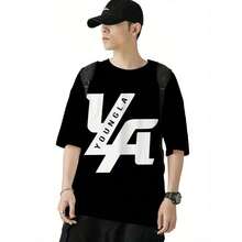 Men'S Oversized Y-Youngla Graphic T-Shirt - Casual Short Sleeve, Round Neck, Black With White Print, Lightweight & Breathable For Summer Outdoor Wear, Casual Attire, Or Sports Events, Breathable Clothing | Bold Graphic Tee | Comfortable Fit - 黑色 - 查看 6