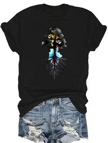 Camiseta con estampado del árbol de la vida para mujer y unisex, de verano, casual, transpirable, de cuello redondo, de manga corta, de uso versátil, adecuada para adolescentes y adultos - Negro - Ver 1