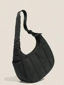 New Fashion Ladies Small Down Bag Shoulder Bag Nylon Shoulder Purse And Handbag With Adjustable Shoulder StrapPuffer Crescent Shoulder Bag For Women, Nylon Quilted Bag, Underarm Handbag With Adjustable Shoulder Straps - 黑色 - 查看 2