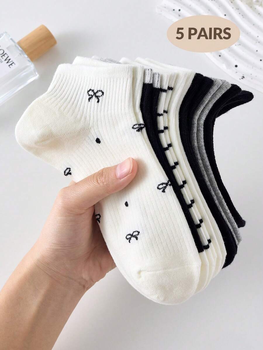 5双装女士可爱透气条纹蝴蝶结波点图案短袜，隐形袜，ins风时尚袜，白色袜，黑色袜，适合日常休闲穿着，适合春、夏、秋、冬四季穿着。 - 彩色 - 查看 1