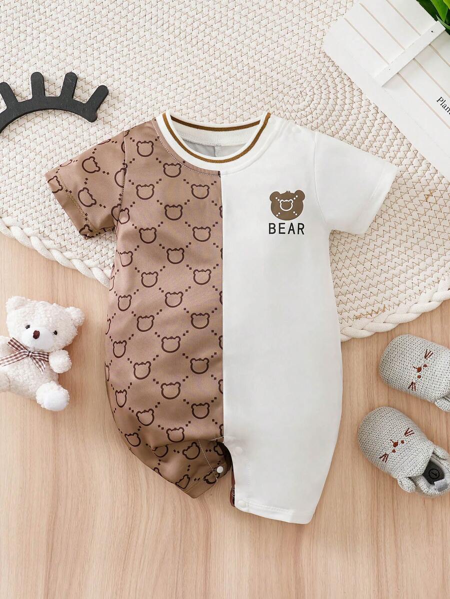 Yierying Infant Boys' Cute Bear Head Cartoon Print Contrast Color Short Sleeve Romper, Spring/Summer