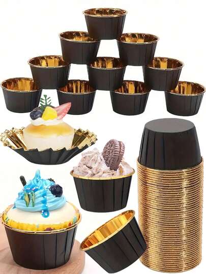 50 件黑色和金色纸杯蛋糕衬垫，铝箔标准纸杯蛋糕烘焙杯，适合派对庆祝活动
