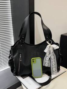 Lightweight Business Casual Portable Rivet Detail Shoulder Tote Bag, Suitable For White-Collar, Teachers, Young Female College Students, Teacher's Day, Work, Business, Commuting, University And Other Occasions. Also Suitable For Young Female College Students, Career Starters And White-Collar Workers. Very Suitable For Office, Work And Business Occasions. - Black - View 4