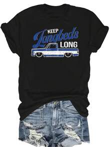 Camiseta de mujer y unisex de manga corta, cuello redondo, transpirable y de personalidad, con diseño de camioneta de carrocería cuadrada clásica, adecuada para adolescentes y adultos - Negro - Ver 1