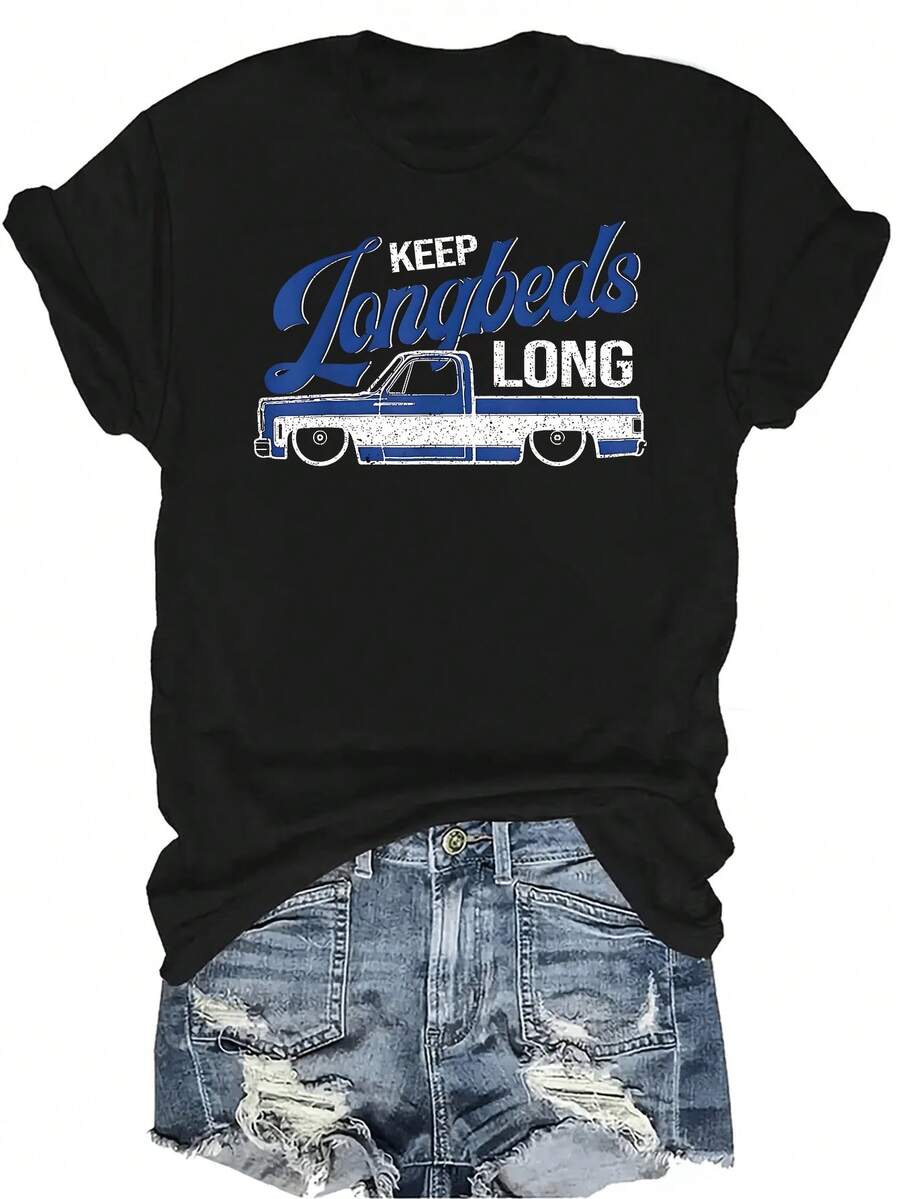Camiseta de mujer y unisex de manga corta, cuello redondo, transpirable y de personalidad, con diseño de camioneta de carrocería cuadrada clásica, adecuada para adolescentes y adultos - Negro - Ver 1
