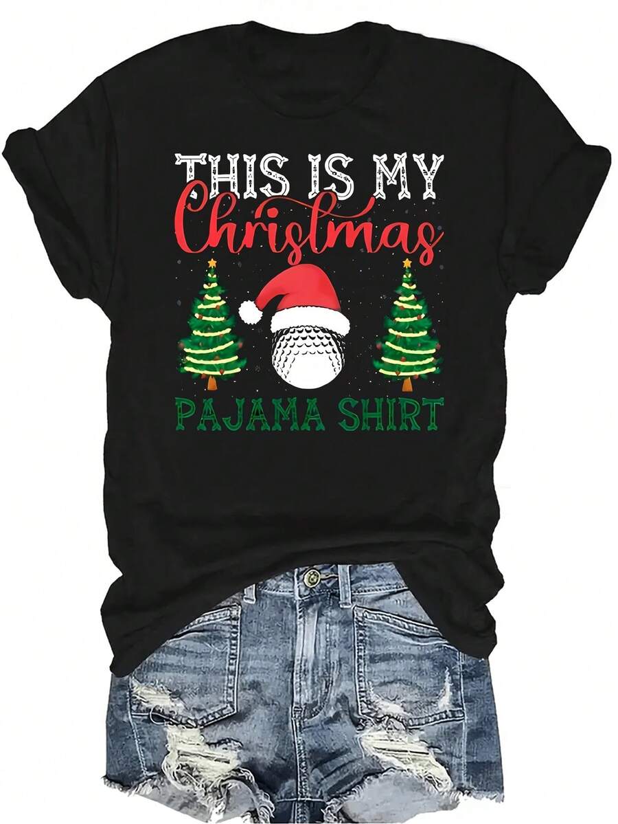 Camiseta de Navidad para mujer y unisex, de verano, casual, transpirable, de personalidad, cuello redondo, manga corta, camiseta urbana, versátil, adecuada para adolescentes y adultos - Negro - Ver 1