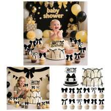 Black Bow Birthday Cake Decorations, 1 Pack Coquette Bow Cake Topper With Happy Birthday Sign, 12Pcs Bowknot Cupcake Toppers6Pcs Twist Tie Bows Bows Bridal Shower Wedding Party, Black 2