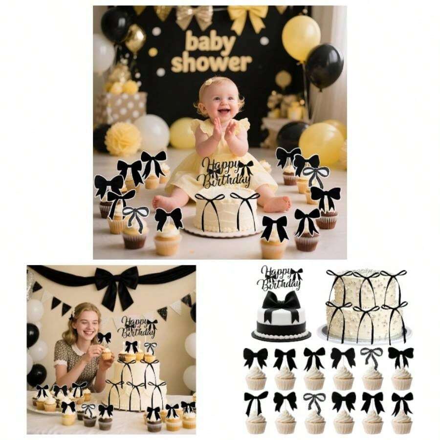 Black Bow Birthday Cake Decorations, 1 Pack Coquette Bow Cake Topper With Happy Birthday Sign, 12Pcs Bowknot Cupcake Toppers6Pcs Twist Tie Bows Bows Bridal Shower Wedding Party, Black 2