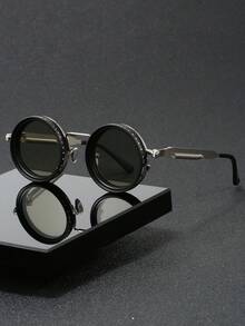 Solid Color Retro Kaleidoscope Style Rotatable Party Fashion Glasses, Party, Gathering, Travel, Fashion Steampunk Style Rotatable Lens Glasses - Adjustable Brightness, Alloy Frame, Black Frame With Gray Lens, Suitable For Masquerade And Fashion Accessories, Fashion Statement Glasses | Steampunk Glasses | Alloy Frame Glasses