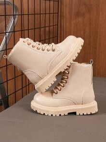 1 Pair Toddler/Kids Matte Leather Mid-Calf Boots, Lace-Up & Zipper Design, Round Toe, Soft Sole, Fashion & Cute Princess Style, Suitable For 3-12 Years Old Boys & Girls, Autumn/Winter - Beige - View 6