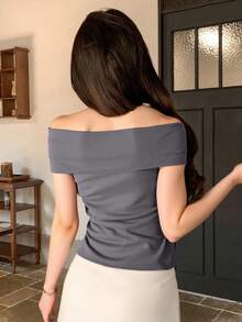Top Blusa Mujer dama Hombros Descubiertos Tela Rib Pana diseño elegante juvenil moderno casual ideal para salir trabajao Estilo Chic y Confort para Todo Momento - Gris - Ver 3