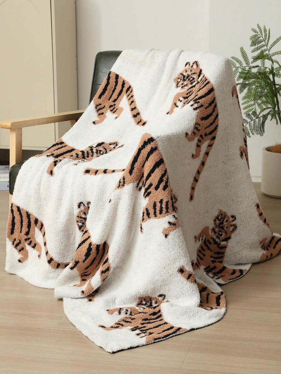 A Diamond-Shaped Pure-Color Knitted Blanket, Featuring A Nordic Style With Rectangular Fringed Edges, Ideal For Office Naps, Bed Covers, Bed End Covers, And Sofa Covers, Suitable For Daily Use - 半邊絨小老虎米色 - 查看 1